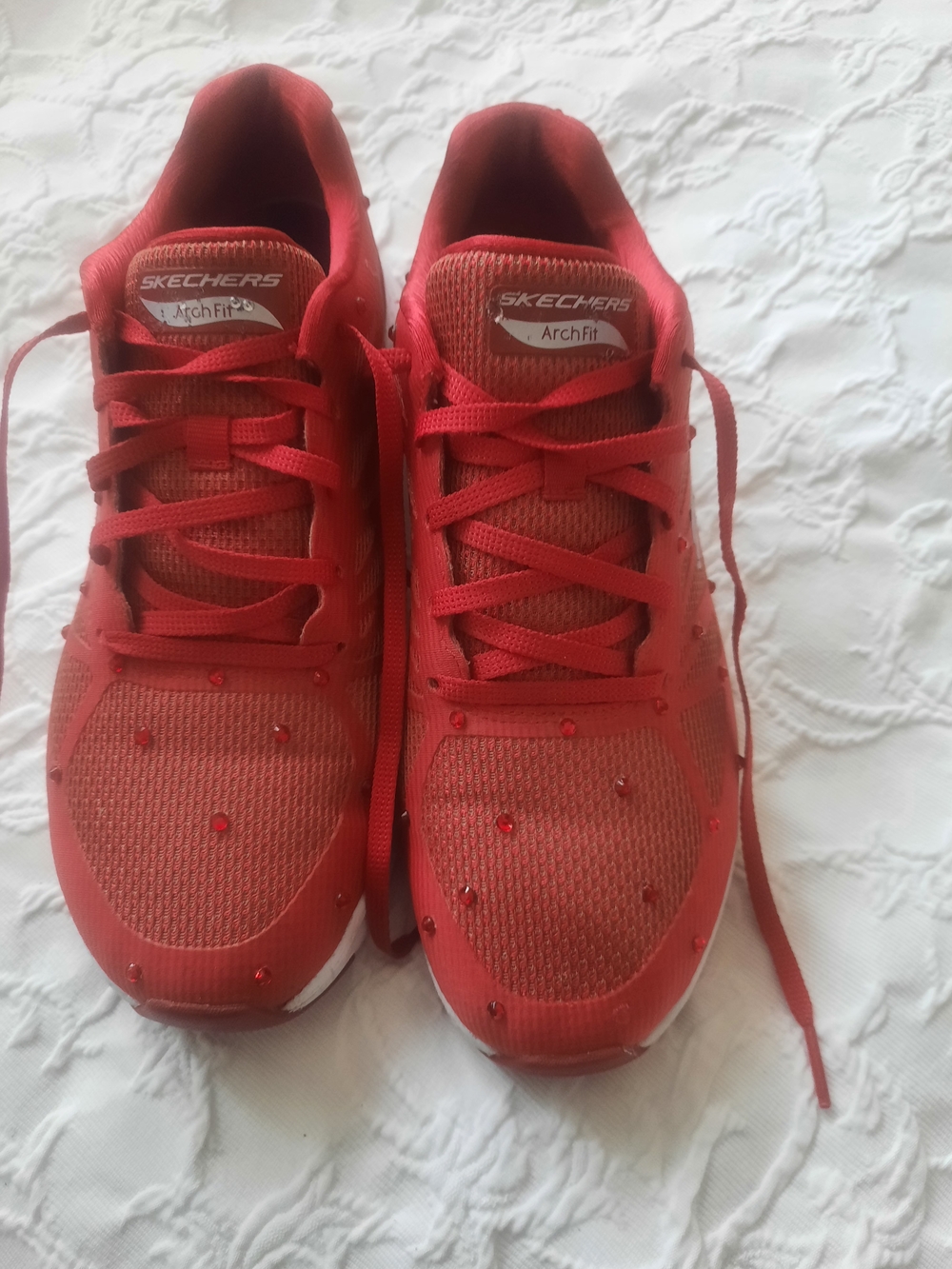 Skechers Archfit Red Rhinestone Sneakers